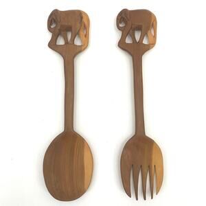 Old African Elephant Hand Carved Wooden Salad Spoon & Fork Used Natural MCM
